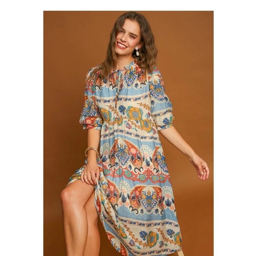Umgee Blue Mix Border Print Peasant Boho Lightweight Midi Dress Size Medium